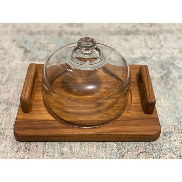 Vintage Teak Mid Century Cheese Tray with Glass Dome by Good Wood goodwood - Picture 1 of 3